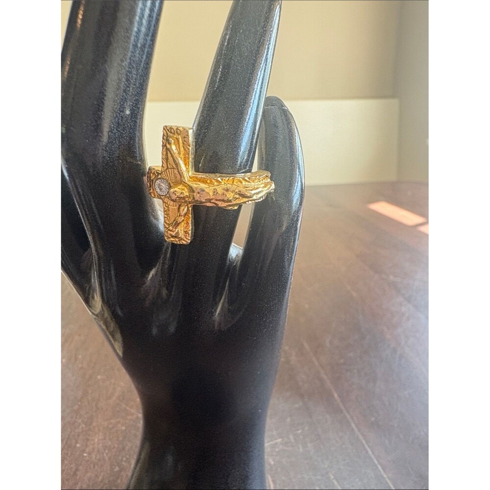Vintage Gold Cross Ring with Rhinestone